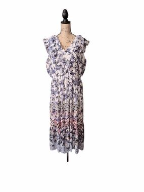 Danny & Nicole Floral Ruffle Midi Dress in Purple and Pink